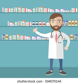 Modern flat vector illustration of a male pharmacist at the counter in a pharmacy opposite the shelves with medicines. Health care conceptual background.