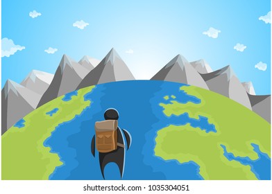 Modern flat vector illustration of man in front of the globe and the mountains. Simple concept, gemoetric form.