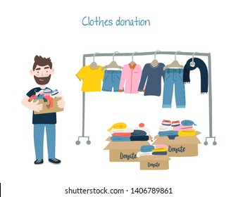 Modern flat vector illustration. Man holding cardboard box with clothing for donation or recycling and clothes hangers.