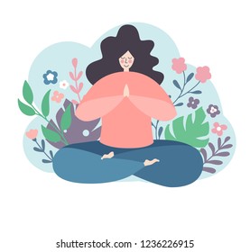 Modern flat vector illustration of a meditating woman in the lotus position. Lovely smiling female character. Oversized girl with doodle flowers isolated on white. Yoga and meditation concept.