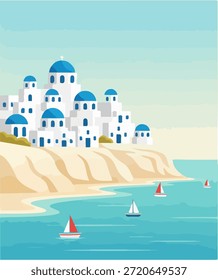 Moderna Ilustración vectorial llana de una ciudad costera mediterránea con edificios encalados junto al mar con acentos azules, mar turquesa tranquilo, Pequeñas embarcaciones y un cielo despejado. Diseño minimalista y limpio de carteles de viaje con Formas geométricas suaves y composición equilibrada. Ideal para marketing turístico, promociones de vacaciones, carteles de viajes, Anuncios, folletos, Sitios web y proyectos comerciales seguros para editoriales. Obra de arte de Vector escalable adecuada para uso impreso y digital.
