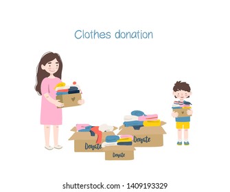 Modern flat vector illustration. Mother and son holding cardboard boxes with clothing for donation or recycling.