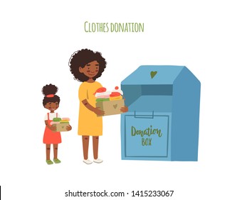 Modern flat vector illustration. Mother and daughter holding cardboard boxes with clothing for donation or recycling and clothing container.