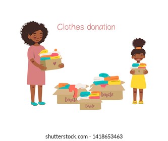 Modern flat vector illustration. Mother and daughter holding cardboard boxes with clothing for donation or recycling.