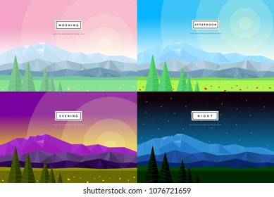 modern flat vector illustration of mountain scenery, morning, day, night, evening, abstract backgrounds from geometric shapes and triangles, image of nature, forest, trees, sun, stars, flowers