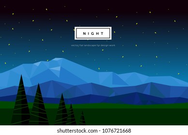 modern flat vector illustration of mountain landscape - night starfall, abstract background of geometric shapes and triangles, image of nature, forest, trees, sun,