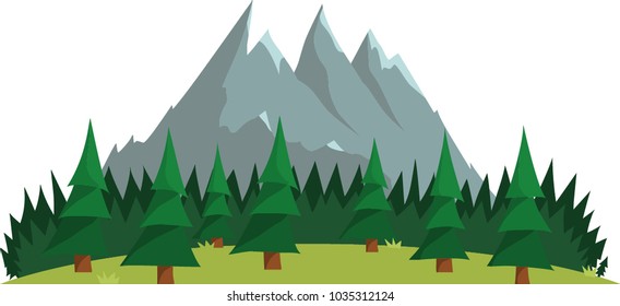 Modern flat vector illustration of mountains and forest for the Background.