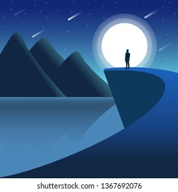 Modern flat vector illustration of a night landscape and  a man standing on the edge of a cliff. Monochromatic blue color. Fantasy concept illustration.
