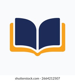 Modern flat vector illustration of an open book icon in navy and yellow. Perfect for education, reading, library, literature, knowledge, and learning concepts in digital design.