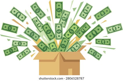 Modern flat vector illustration of an open cardboard box bursting with flying dollar bills, symbolizing wealth, financial success, profit, investment returns, startup funding, business growth, cash flow, bonuses, rewards, and economic opportunity. Ideal for finance websites, banking apps, fintech platforms, investment presentations, business marketing, e-commerce, advertising, and editorial design. #CashBurst #MoneyExplosion #FlyingMoney #MoneyBox #Wealth #FinancialSuccess #BusinessFinance #Investment #Profit #Income #Revenue #CashFlow #MoneyRain #DollarBills #StartupFunding #VentureCapital #Banking #Fintech #Savings #Economy #FlatVector #VectorIllustration #EditableVector #FinanceConcept #BusinessGrowth