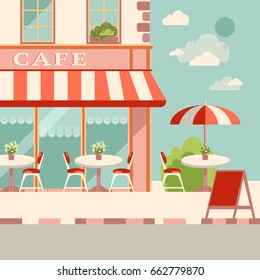 Modern flat vector illustration. Outdoor cafe in the european street. Sunny summer day, clouds and aerostat. Retro colors