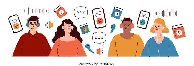 Modern flat vector illustration of people in headphones listening to audiobooks