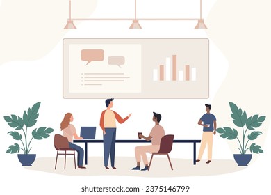 Modern flat vector illustration of people collaboration in the office. Co-working center. Business meeting presentation. People talking and working. Team work.