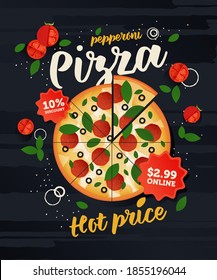 Modern Flat Vector Illustration Pepperoni Pizza Ads with Delicious Ingredients on a Dark Background. Poster Concept. Web Offer Banner. 