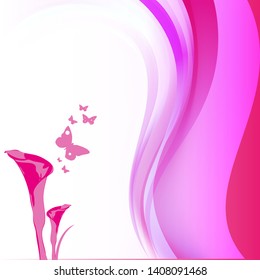 Modern flat vector illustration of pink flowers and butterflies with beautiful abstract shapes and designs. Geometric shaped vector background with flowers and butterflies. Space for text.