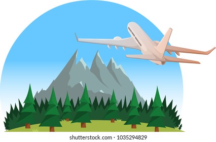 Modern flat vector illustration of plane flying over mountains. Simple concept, gemoetric form.