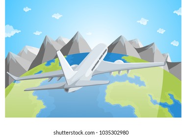 Modern flat vector illustration of plane flying over globe and mountains. Simple concept, gemoetric form.