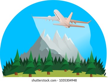 Modern flat vector illustration of plane flying over mountains. Simple concept, gemoetric form.