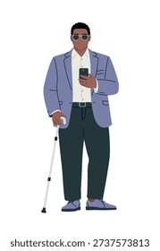 Modern flat vector illustration of a plus-size Black man with visual impairment standing full length, wearing smart casual business attire and sunglasses, holding a smartphone and using a white cane. Isolated on white background.