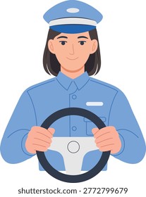Modern flat vector illustration of a professional female driver holding a steering wheel, representing transportation, ride-sharing, and delivery services.

