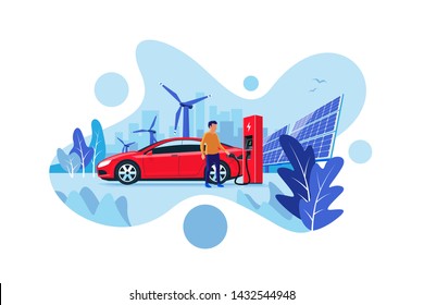 Modern flat vector illustration of a red electric car charging at the charger station with renewable energy fuel. Charge with solar panels and wind power generation. City skyline in the background.