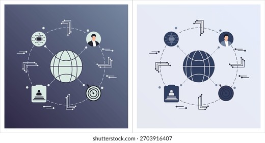 Ilustración vectorial plana moderna que representa la conectividad global y los sistemas de red digital. Perfecto para temas como negocios internacionales, tecnología de IA, redes de Internet.