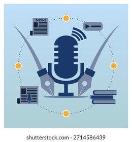Ilustración vectorial plana moderna que representa el periodismo, los medios de comunicación y la comunicación en las plataformas tradicionales y digitales