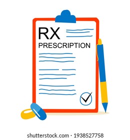 Moderne, flache Vektorgrafik von RX verschreibungspflichtigem Medikament. Verschreibungsform, Pen und Tabletten. Einzigartiges Design auf weißem Hintergrund.
