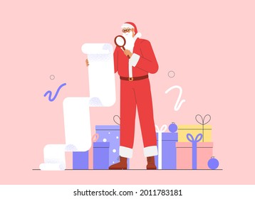 La moderna ilustración vectorial plana con Santa Claus sostiene una larga pieza de papel y comprueba si hay regalos. Concepto de celebración de Navidad y Año Nuevo o descuentos y ventas.