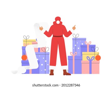 Modern flat vector illustration with Santa Claus is holding up a long piece of paper and checking for presents. Concept of Christmas and New Year celebrations or discounts and sales.