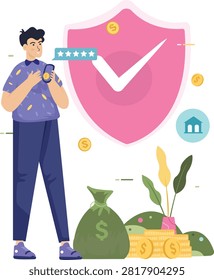 Modern flat vector illustration of a secure banking experience through net banking. Digital banking with advanced cybersecurity, encrypted transactions, user authentication, online financial services, and fintech protection.
