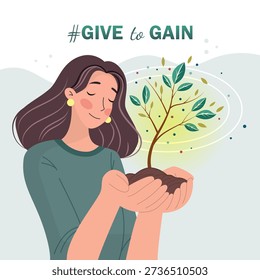 A modern flat vector illustration of a serene woman gently cupping a flourishing green plant in her hands, embodying the IWD 2026 theme Give to Gain. This artwork symbolizes female mentorship, environmental care, and the power of sharing knowledge to foster mutual growth and empowerment.