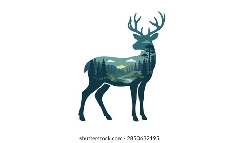 A modern flat vector illustration showcasing a majestic buck deer silhouette. Inside the body of the deer is a detailed nature scene including pine trees, rolling hills, a winding mountain stream, and a rising sun with soft clouds against a white background.