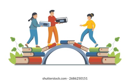 Moderne, flache Vektorgrafik, die junge Menschen mit Laptops auf einer Brücke aus Büchern zeigt und die Zukunft von Bildung und Technologie im Lernen symbolisiert. 