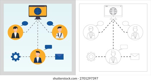 Una moderna Ilustración vectorial plana que muestra una red de comunicación empresarial con tres profesionales conectados a un centro informático central
