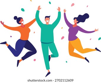 Ilustración vectorial plana moderna que muestra a tres personas diversas saltando en el aire, celebrando el éxito, los logros y el trabajo en equipo con energía alegre. Colores vibrantes y confeti crean un ambiente festivo
