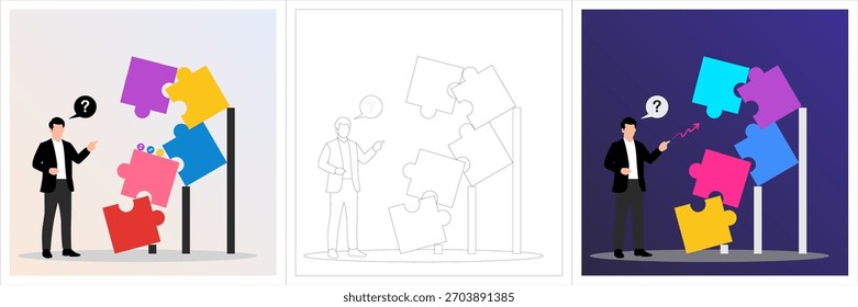 Um moderno vetor plano ilustração mostrando um profissional de negócios enfrentando uma grande, instável pilha de peças de quebra-cabeça. O quebra-cabeça inclinável representa crise, incerteza e desafios empresariais complexos.