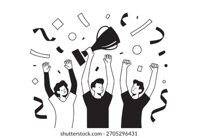 ilustração vetorial plana moderna mostrando pessoas celebrando a vitória com um troféu, mãos levantadas, confetes e formas geométricas abstratas.