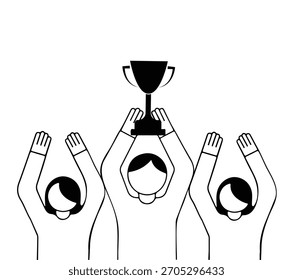 ilustração vetorial plana moderna mostrando pessoas celebrando a vitória com um troféu, mãos levantadas, confetes e formas geométricas abstratas.