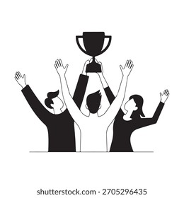 modern flat vector illustration showing people celebrating victory with a trophy, raised hands, confetti, and abstract geometric shapes.