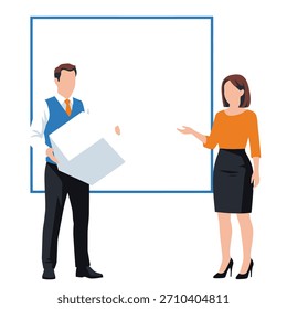 Modern flat vector illustration showing business people presenting with a whiteboard and box, isolated on white background, ideal for corporate themes.