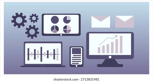 Ilustración vectorial plana moderna que muestra el análisis de datos multidispositivo y el flujo de trabajo de automatización empresarial. El diseño cuenta con monitor de escritorio, computadora portátil, tableta y teléfono inteligente
