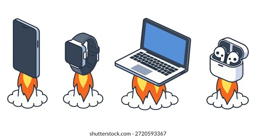 Una Ilustración vectorial plana moderna que muestra múltiples dispositivos tecnológicos que se lanzan como cohetes, simbolizando el crecimiento de las startups, la innovación, la velocidad y el progreso digital. Ideal para presentaciones de negocios, Sitios web de tecnología, marketing de startups, lanzamientos de software, conceptos de innovación y visuales de transformación digital.