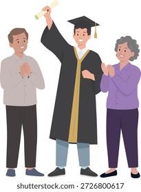 Moderne, flache Vektorgrafik, die einen jungen Absolventen zeigt, der eine Mütze und ein Kleid trägt und mit stolzen und glücklichen Familienmitgliedern eine Abschlussfeier feiert. Die Szene steht für akademischen Erfolg, Bildungsmeilenstein, Unterstützung durch die Familie und persönliche Errungenschaften. Saubere Komposition, minimaler Hintergrund und natürliche Emotionen machen diese Illustration ideal für Bildungskonzepte, Abschlussankündigungen, Schulerfolgskampagnen, Elterninhalte, Motivation und Lernerfolge. Geeignet für Websites, Präsentationen, Werbung, soziale Medien, Bildungsplattformen und Druckmaterialien. Stockfertige professionelle Illustration. Systemfamilie