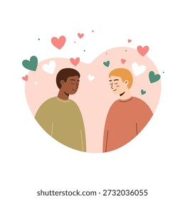 A modern flat vector illustration showing an interracial male couple sharing a loving moment surrounded by floating hearts, symbolizing romance and inclusion.