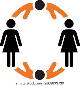 A modern flat vector illustration showing a circular community loop consisting of two standing female silhouettes in dark grey flanking two orange abstract figures curving at the top and bottom. This geometric icon symbolizes sisterhood, women empowerment networks, group collaboration, societal inclusion, and international teamwork, making it perfect for human resources portals, NGO branding, corporate diversity graphics, or community organization logos.