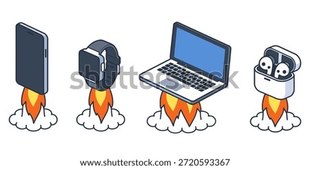 A modern flat vector illustration showing multiple technology devices launching like rockets, symbolizing startup growth, innovation, speed, and digital progress. Ideal for business presentations, technology websites, startup marketing, software launches, innovation concepts, and digital transformation visuals.