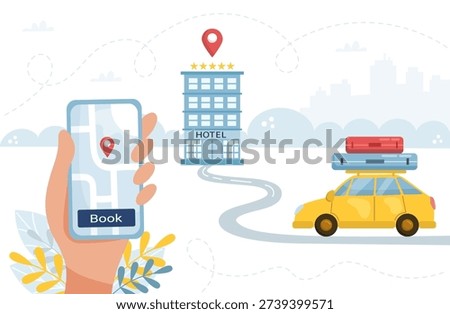 Modern flat vector illustration showing a travel and business concept of a car navigating to a hotel booked through a mobile application. The scene represents GPS navigation, online hotel reservation, digital travel planning, and smart mobility.