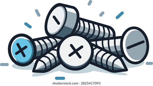 Modern flat vector illustration of a small pile of assorted metal screws with Phillips and flat heads. Clean minimalist icon for hardware, construction, DIY projects, and industrial design.