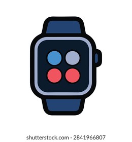 Modern Flat Vector Illustration of a Smart Watch with App Icons and Dark Blue Silicone Band